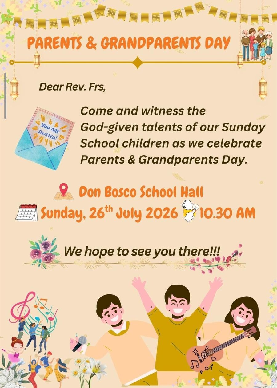 Parents & Grandparents Day poster - Sunday 26 July 2026, 10:30 am, Don Bosco School Hall